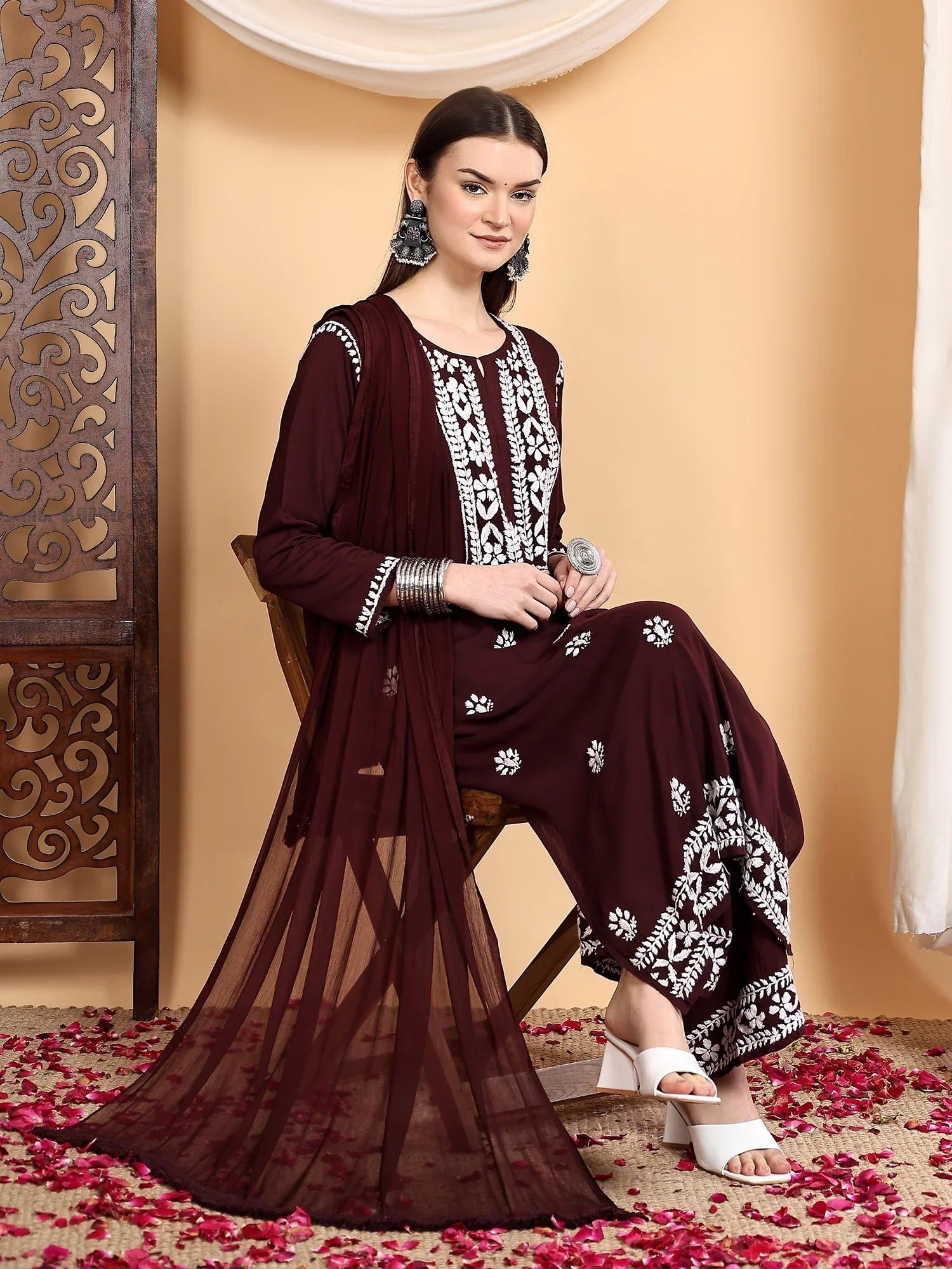 Shiza Chikankari Premium Modal Co-ord Set (Brown) - Image 2