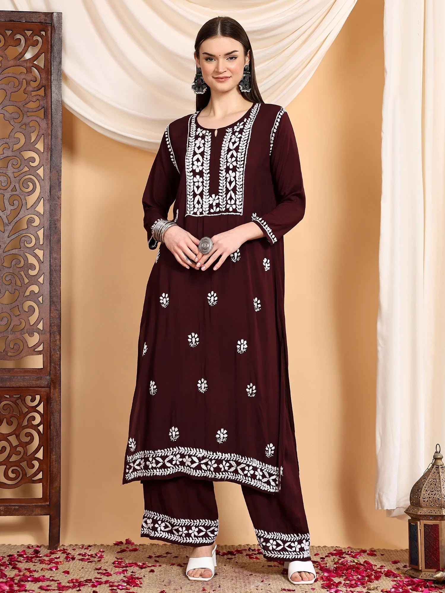Shiza Chikankari Premium Modal Co-ord Set (Brown) - Image 3