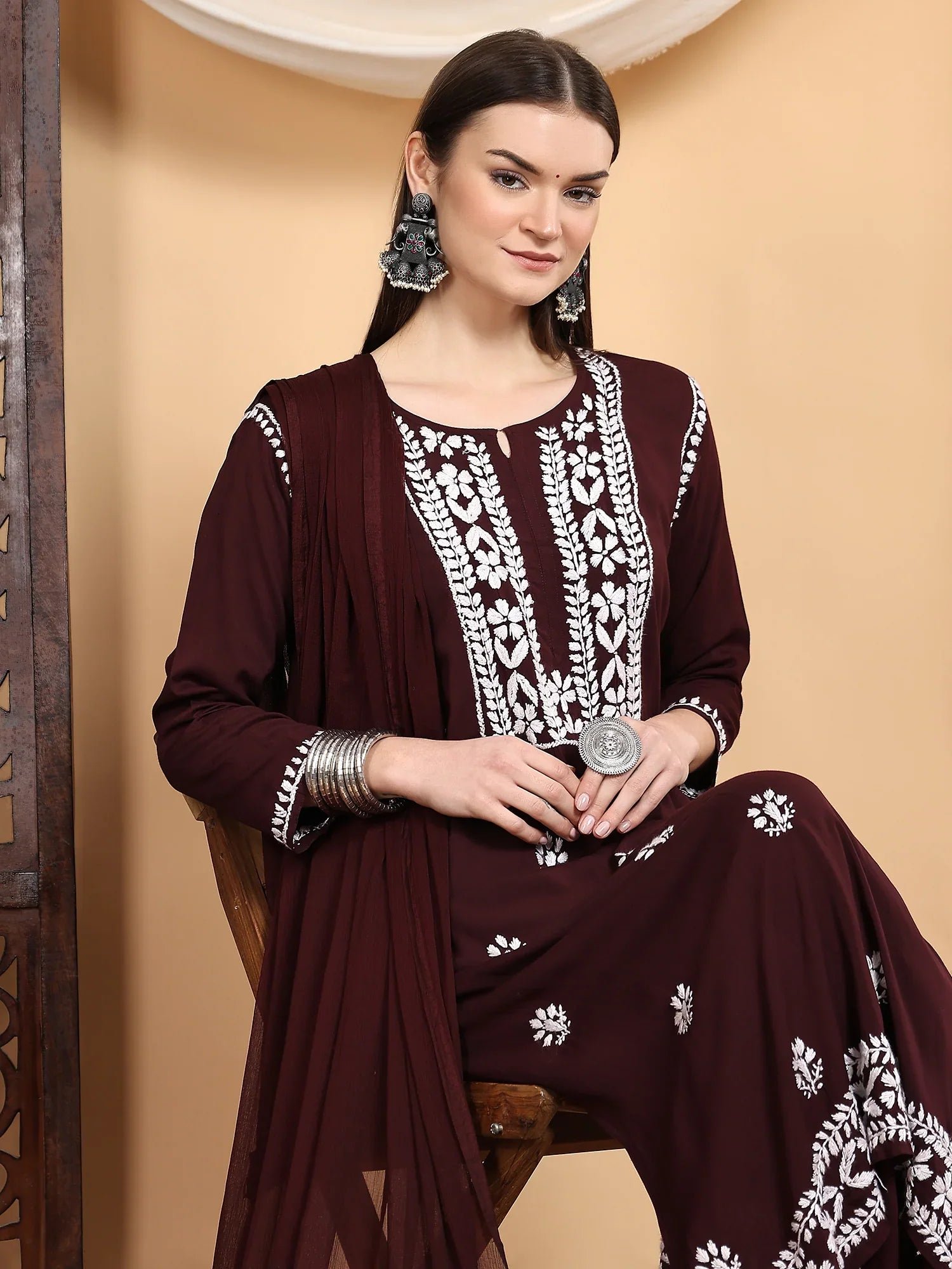 Shiza Chikankari Premium Modal Co-ord Set (Brown) - Image 4