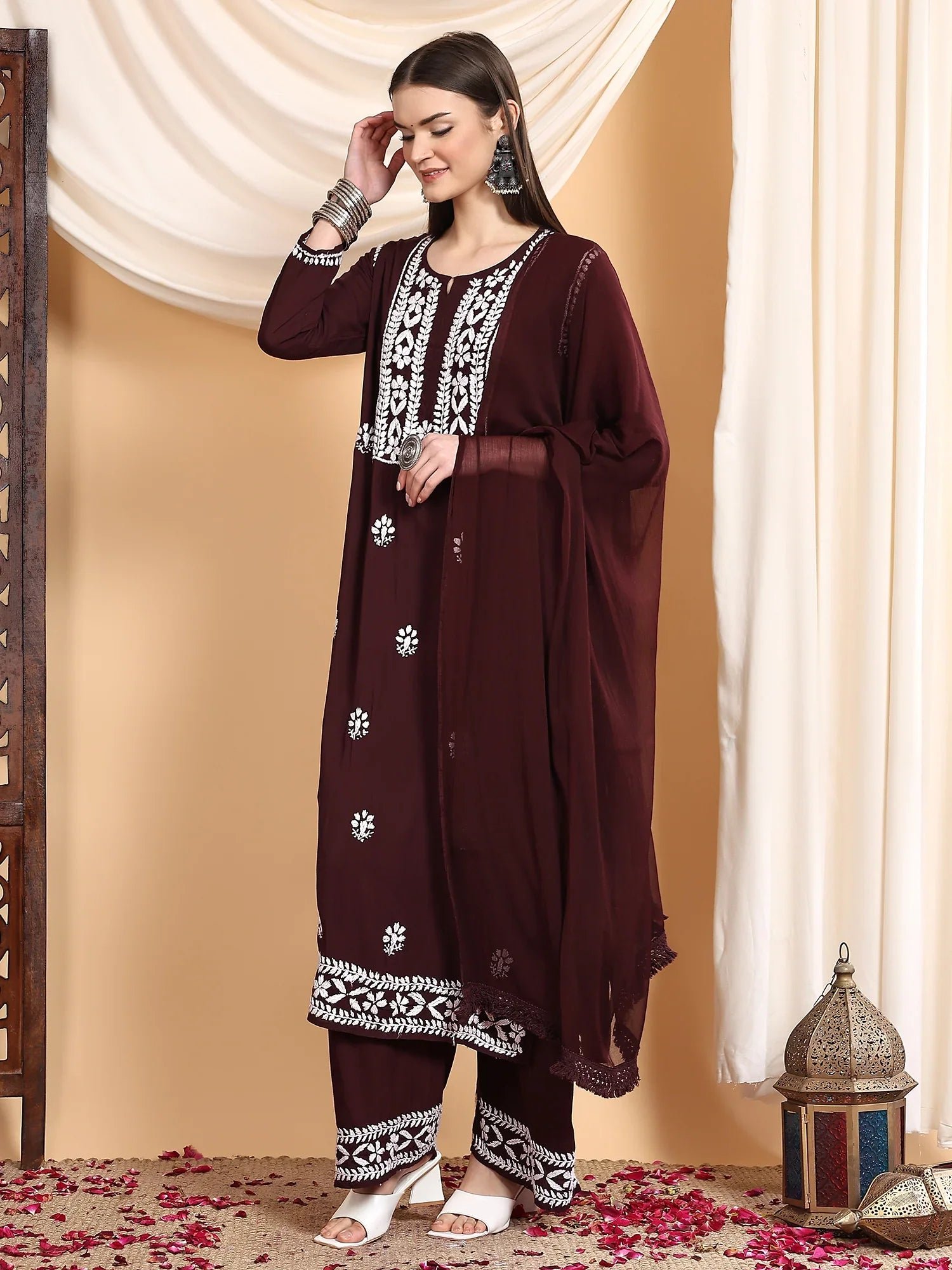 Shiza Chikankari Premium Modal Co-ord Set (Brown) - Image 6
