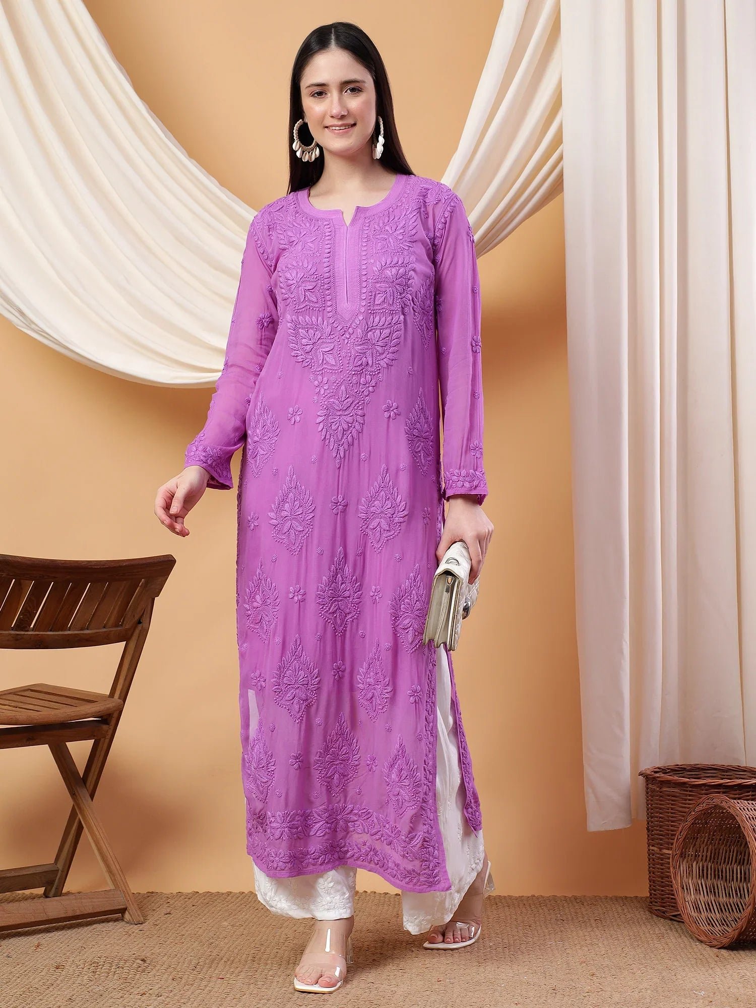 Dua Premium Viscose 3D Chikankari Straight Kurta (Lilac)