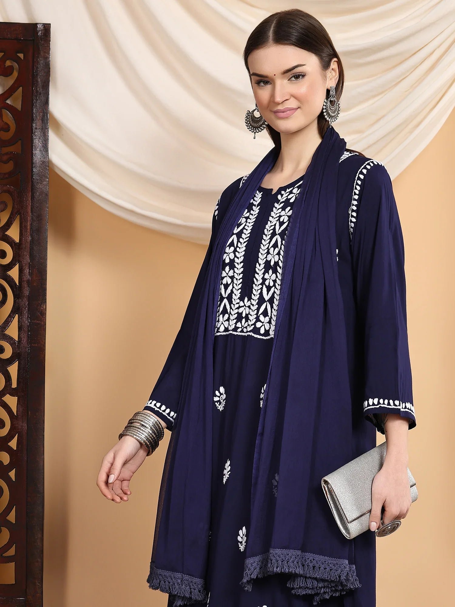 Shiza Chikankari Premium Modal Co-ord Set (Navy) - Image 2