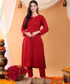 Ananya Chikankari Kurta Pant Cotton Co-ord Set (Maroon)