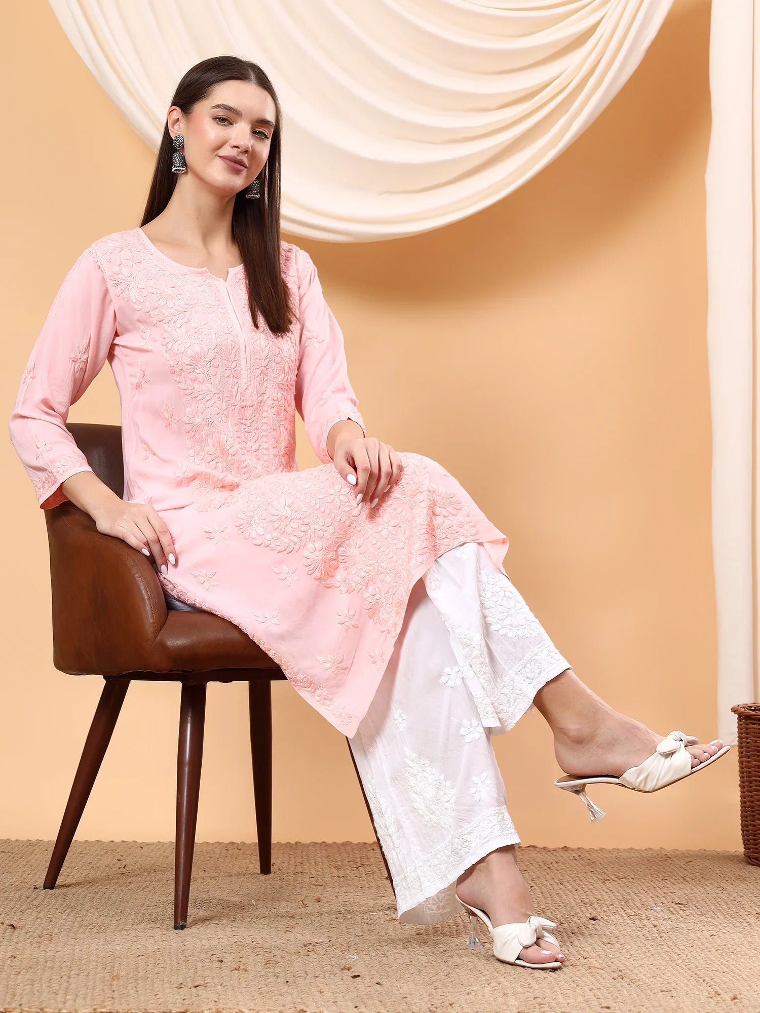 Alina Chikankari Modal Straight Kurta (Pastel Peach) - Image 2