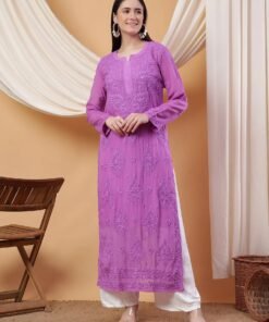 Dua Premium Viscose 3D Chikankari Straight Kurta (Lilac) - Image 3