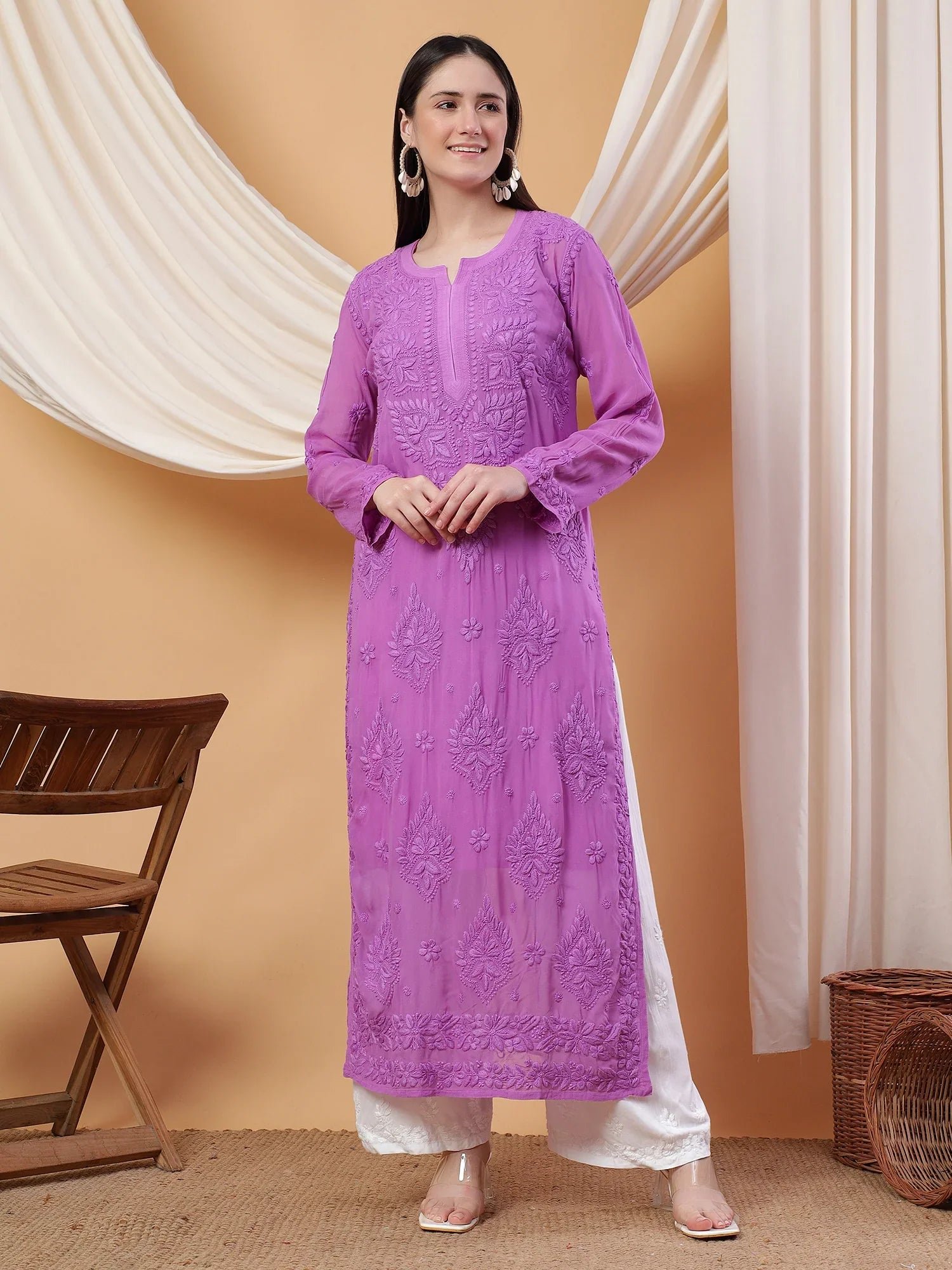 Dua Premium Viscose 3D Chikankari Straight Kurta (Lilac) - Image 3