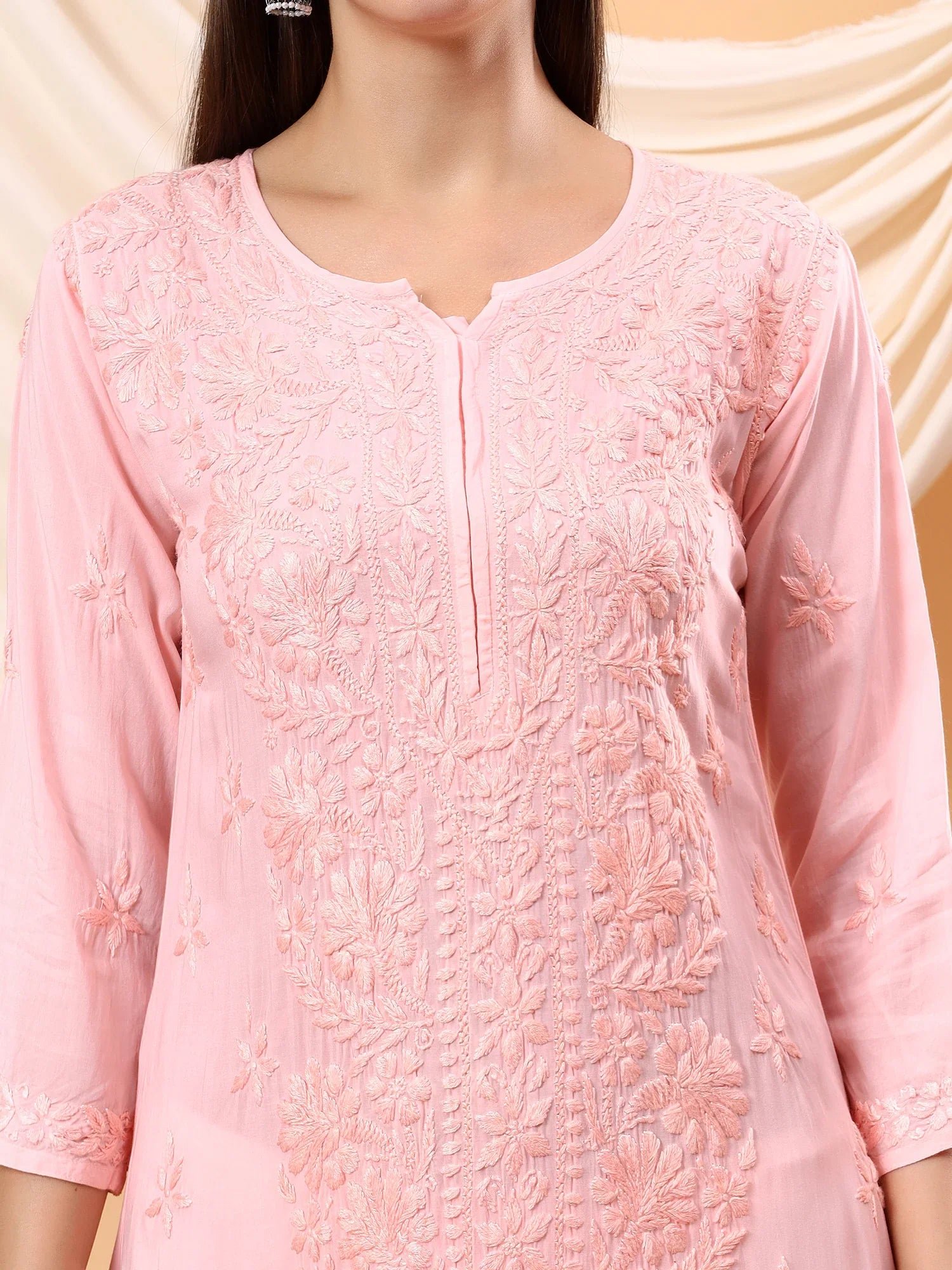 Alina Chikankari Modal Straight Kurta (Pastel Peach) - Image 3