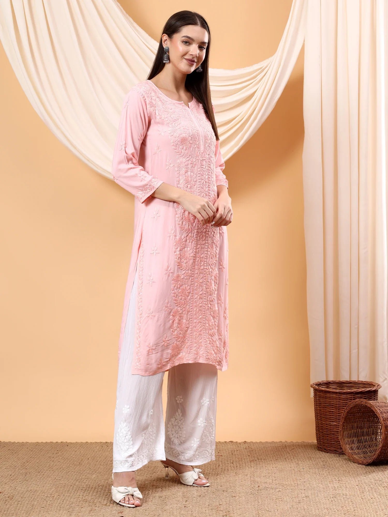 Alina Chikankari Modal Straight Kurta (Pastel Peach) - Image 4