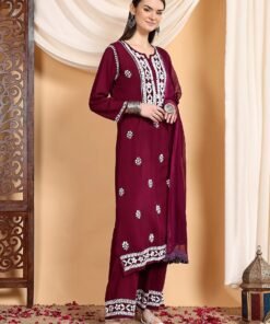 Shiza Chikankari Premium Modal Co-ord Set (Wine) - Image 6