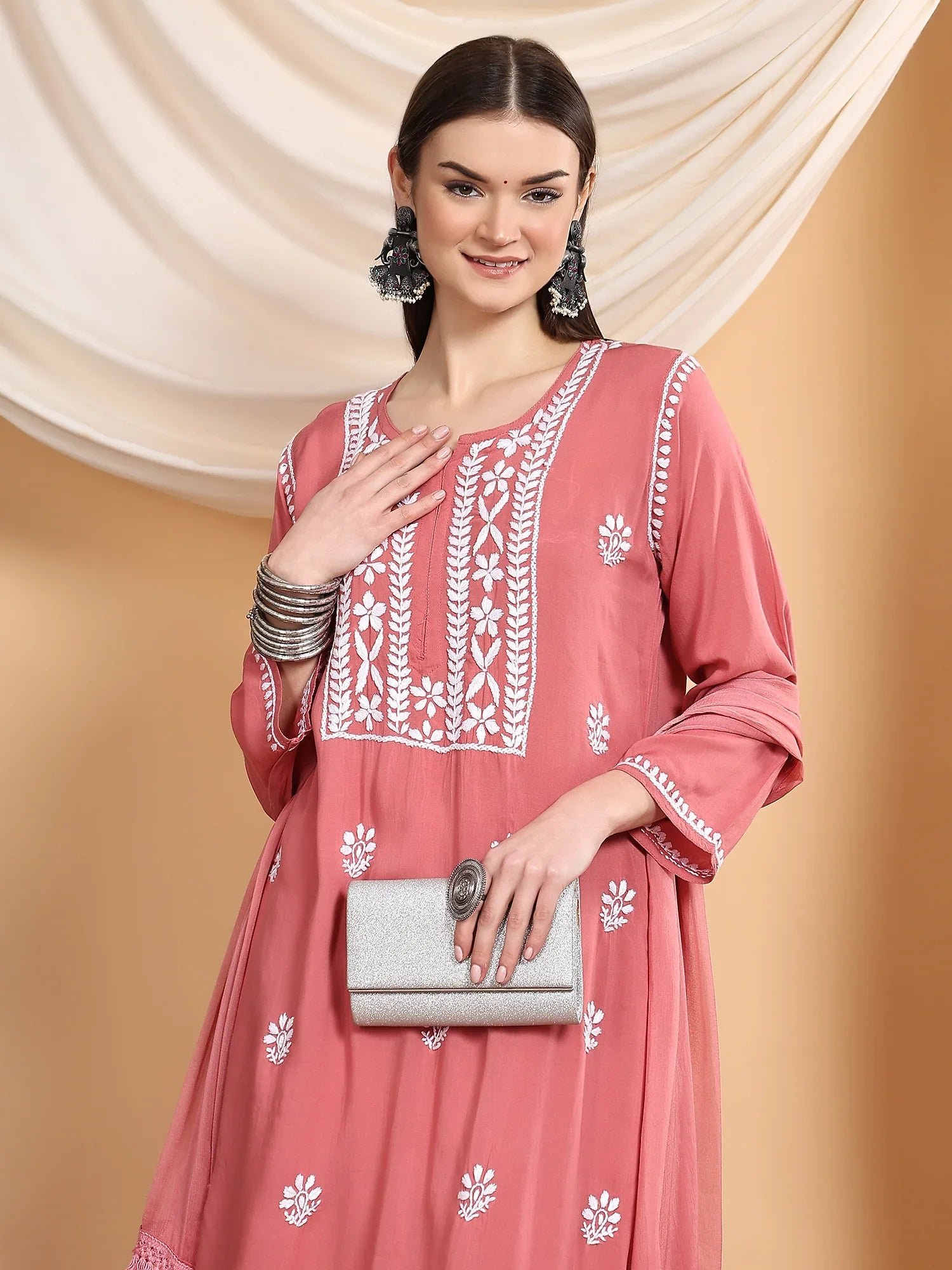Shiza Chikankari Premium Modal Co-ord Set (Coral Pink) - Image 2