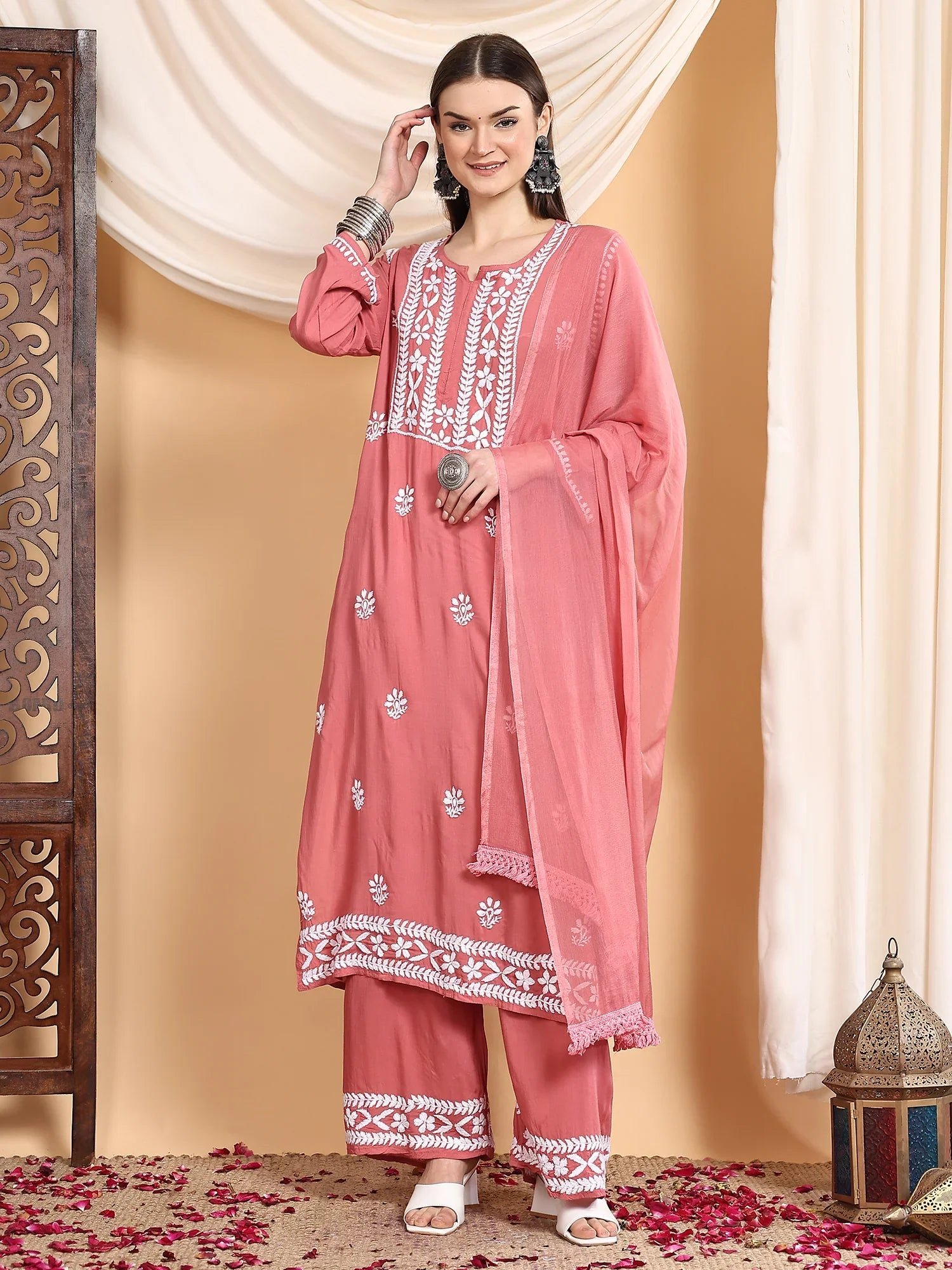Shiza Chikankari Premium Modal Co-ord Set (Coral Pink) - Image 3