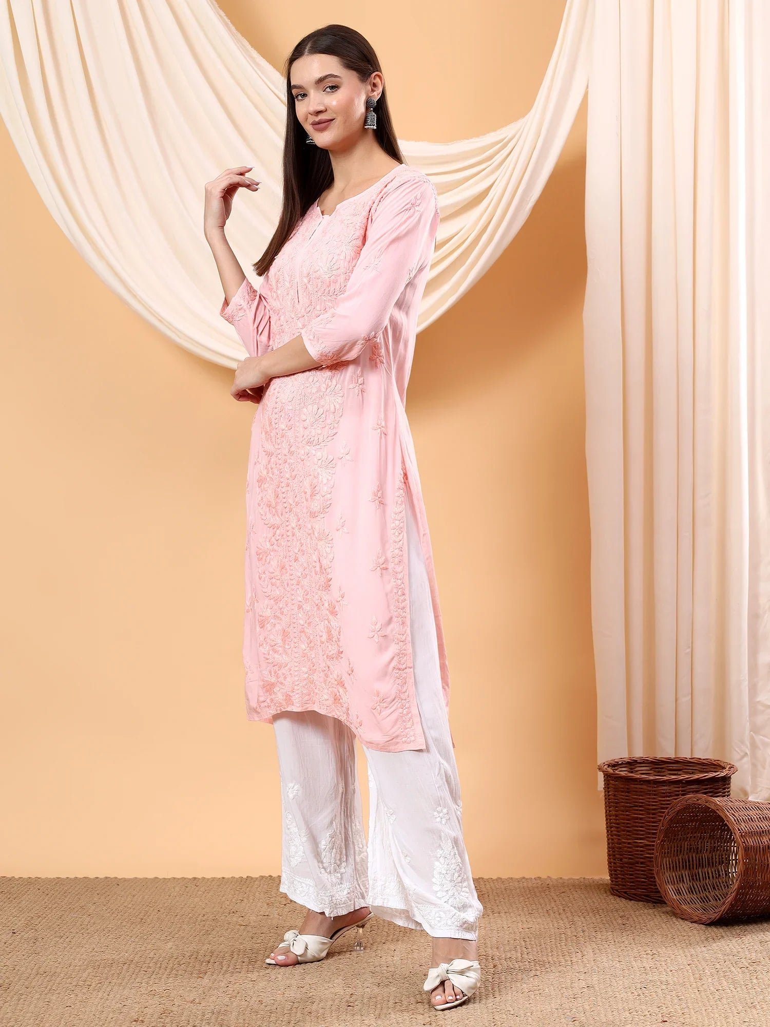 Alina Chikankari Modal Straight Kurta (Pastel Peach) - Image 6