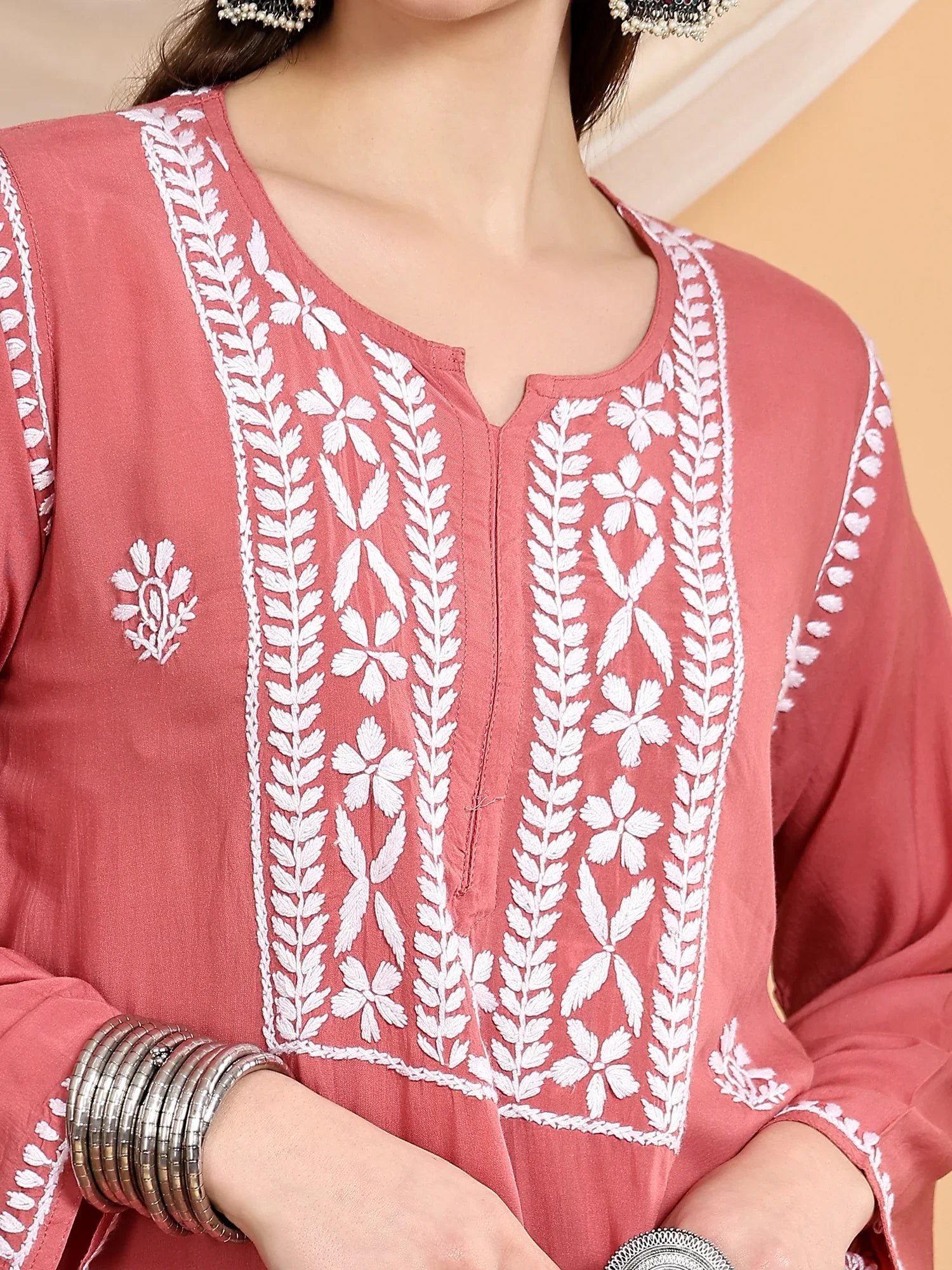 Shiza Chikankari Premium Modal Co-ord Set (Coral Pink) - Image 4