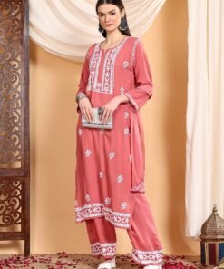 Shiza Chikankari Premium Modal Co-ord Set (Coral Pink) - Image 5