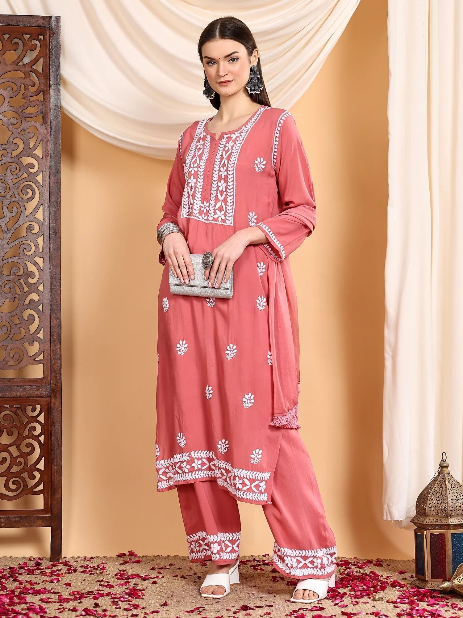 Shiza Chikankari Premium Modal Co-ord Set (Coral Pink) - Image 5