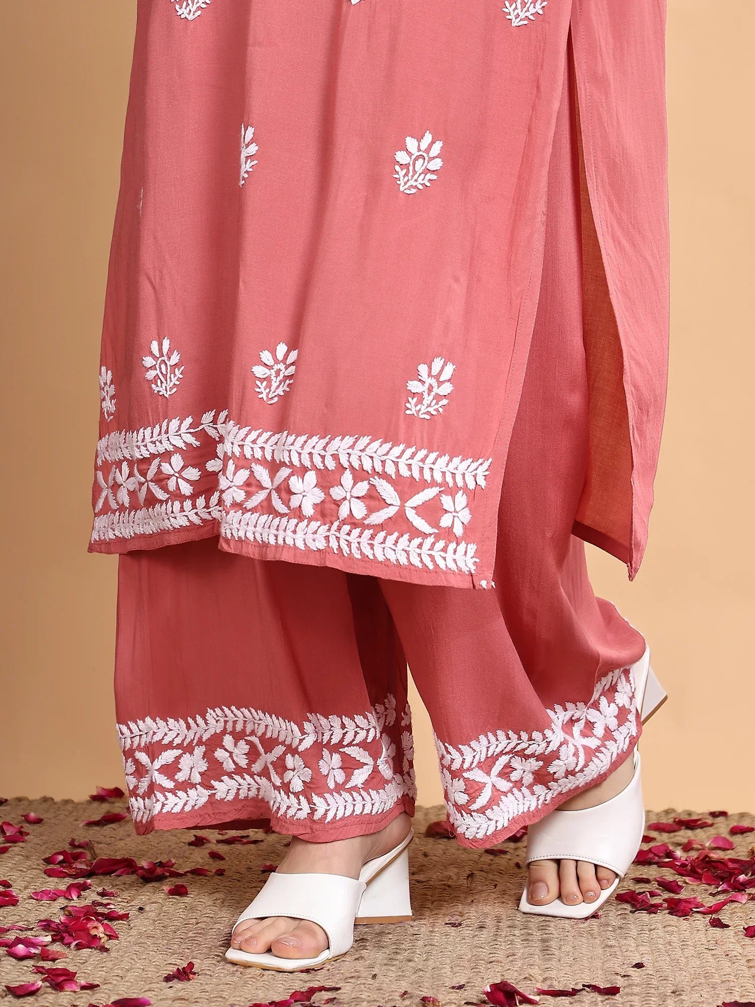Shiza Chikankari Premium Modal Co-ord Set (Coral Pink) - Image 6
