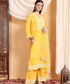 Shiza Chikankari Premium Modal Co-ord Set (Yellow) - Image 3