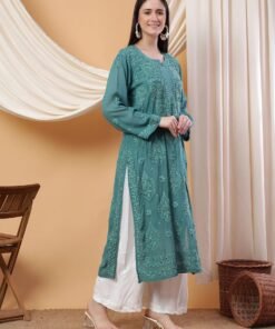 Dua Premium Viscose 3D Chikankari Straight Kurta (Green)