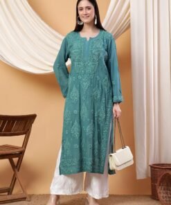 Alternative view of Dua Premium Viscose 3D Chikankari Straight Kurta (Green)