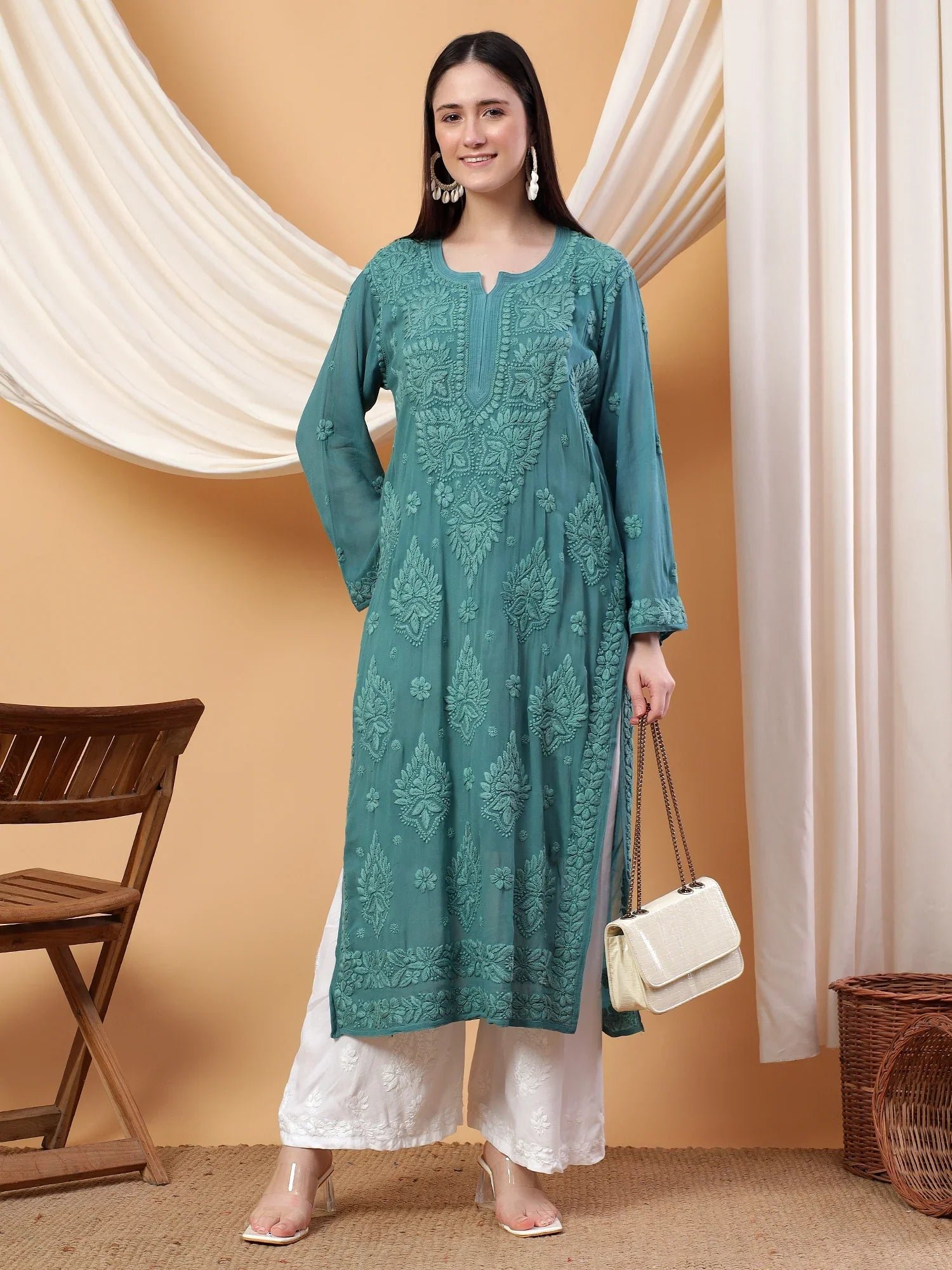 Dua Premium Viscose 3D Chikankari Straight Kurta (Green) - Image 2
