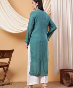Dua Premium Viscose 3D Chikankari Straight Kurta (Green) - Image 3