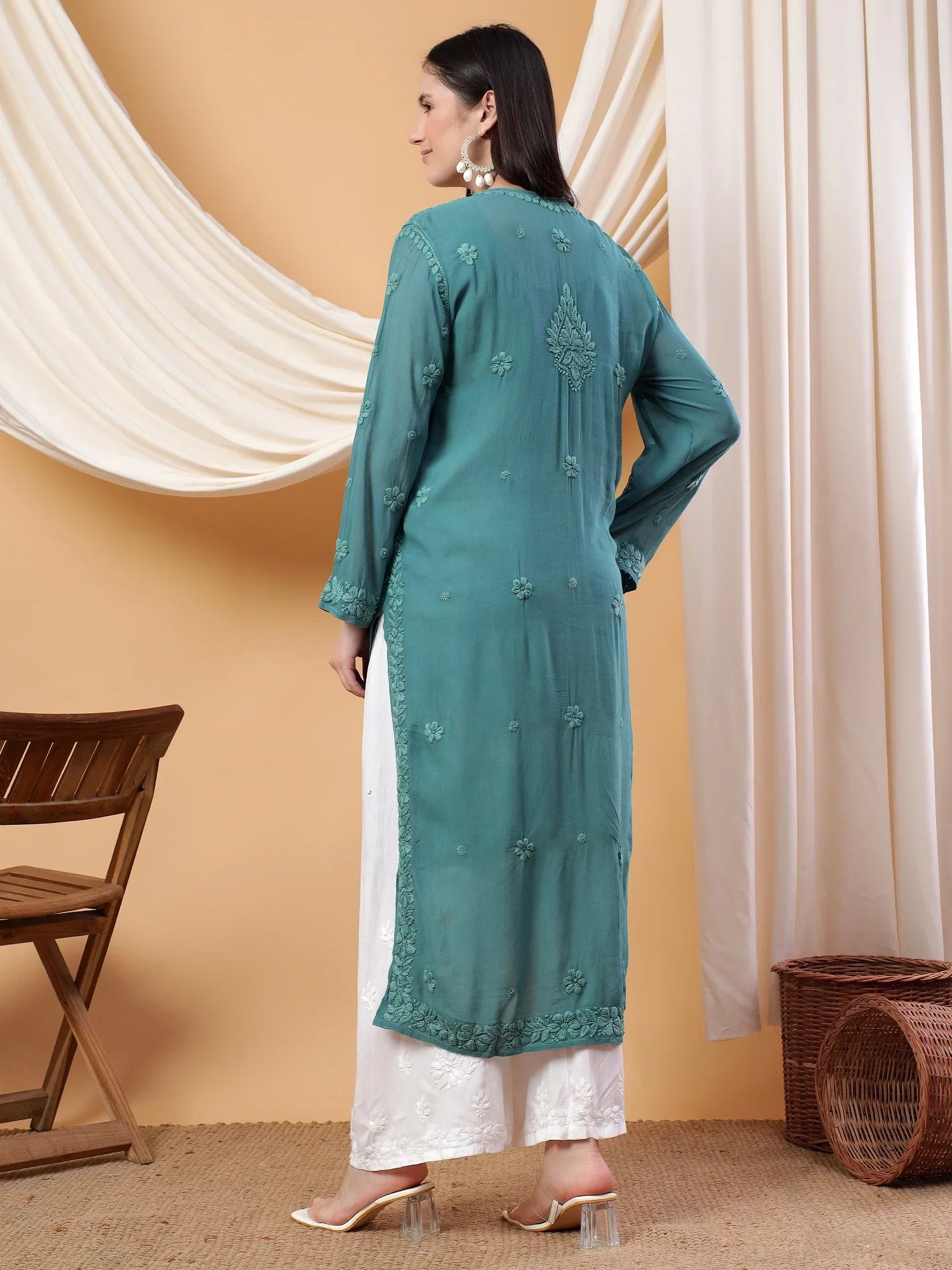 Dua Premium Viscose 3D Chikankari Straight Kurta (Green) - Image 3