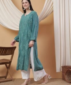 Dua Premium Viscose 3D Chikankari Straight Kurta (Green) - Image 4