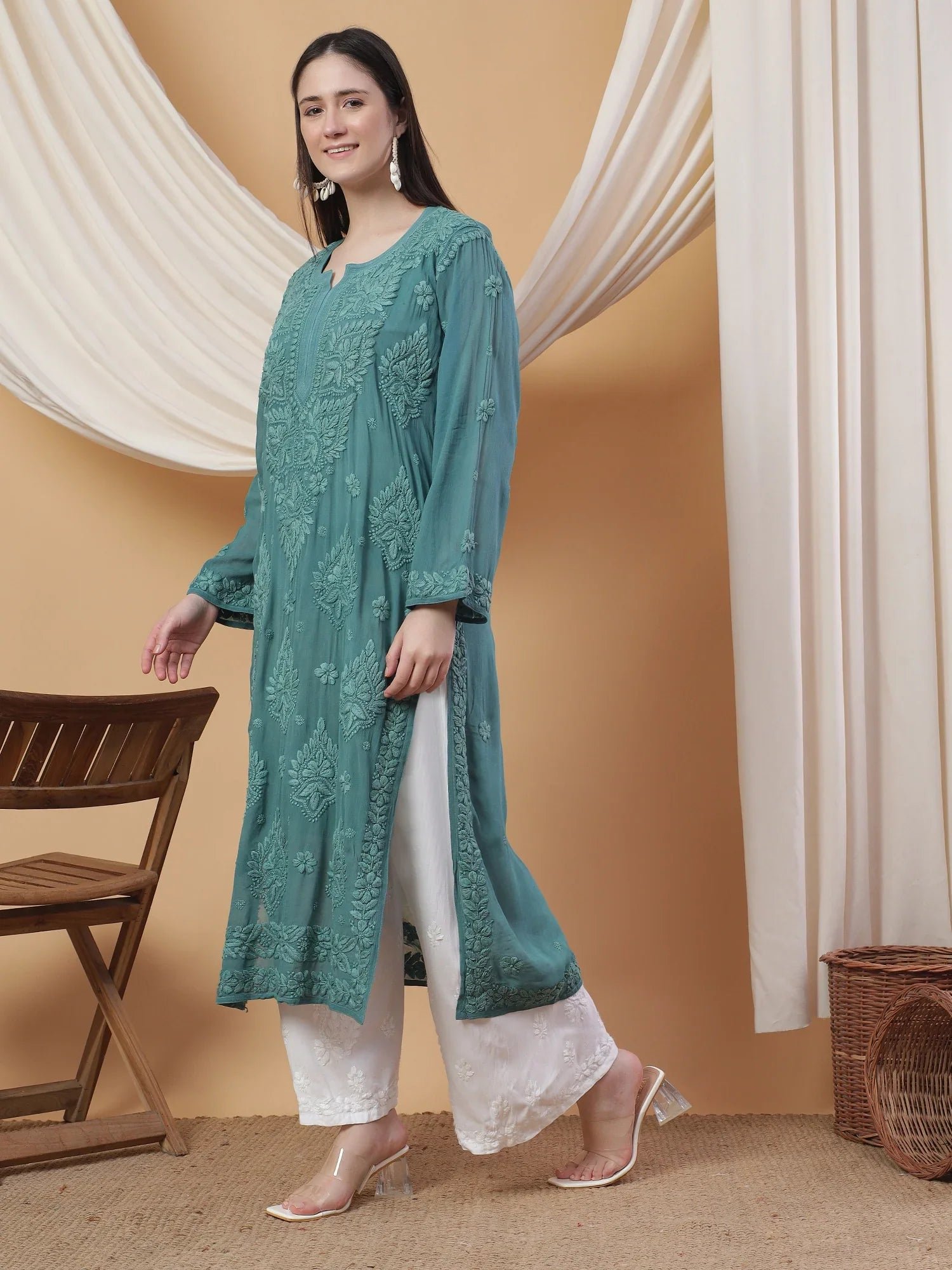 Dua Premium Viscose 3D Chikankari Straight Kurta (Green) - Image 4