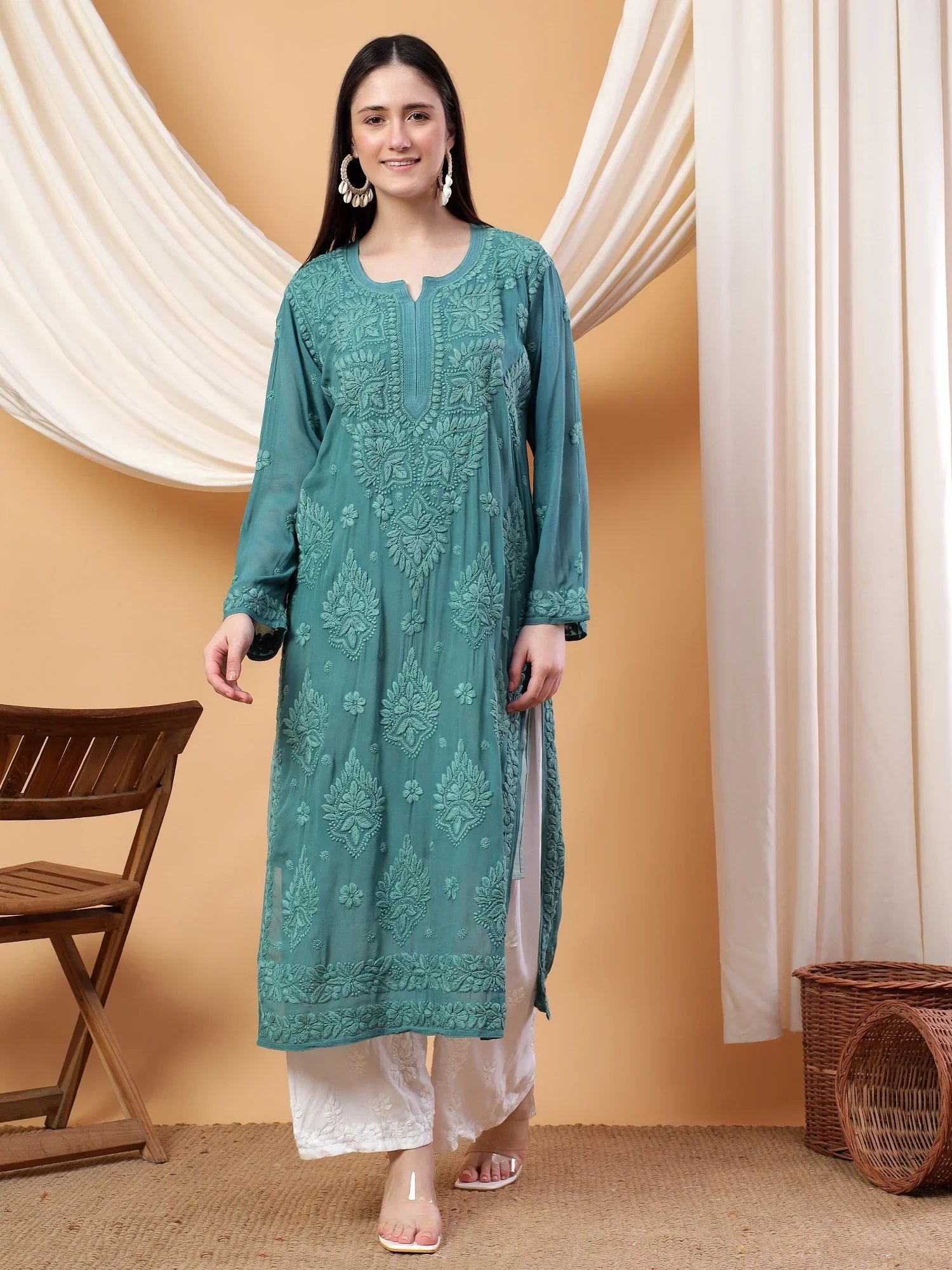 Dua Premium Viscose 3D Chikankari Straight Kurta (Green) - Image 5