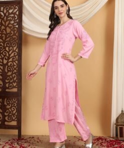 Alternative view of Faiza Chikankari Rayon Co-ord Set (Baby Pink)