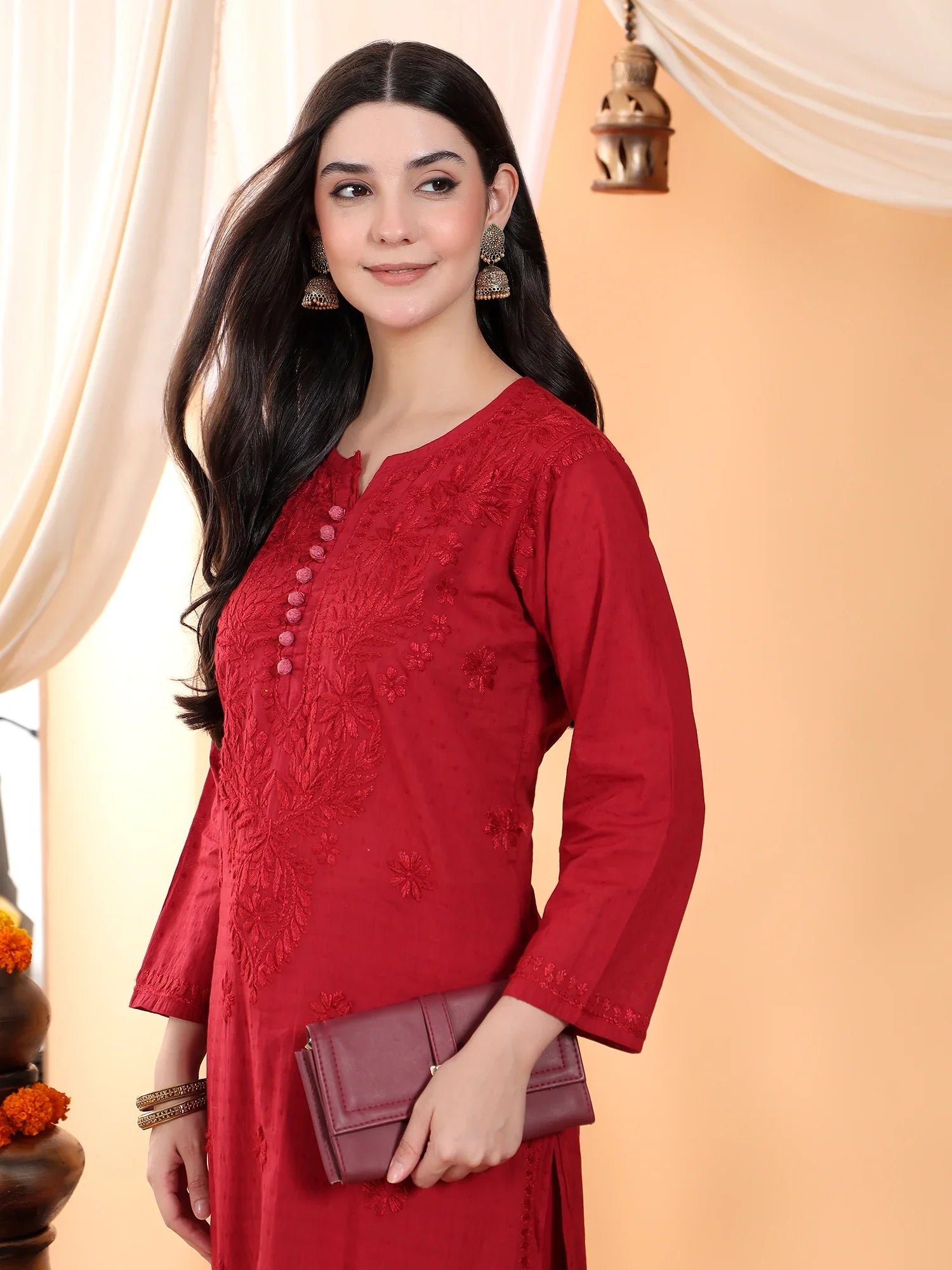 Priya Chikankari Kurta Palazzo Cotton Co-ord Set (Maroon) - Image 2