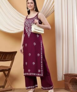 Raha Chikankari Strappy Rayon Co-ord Set (Wine)