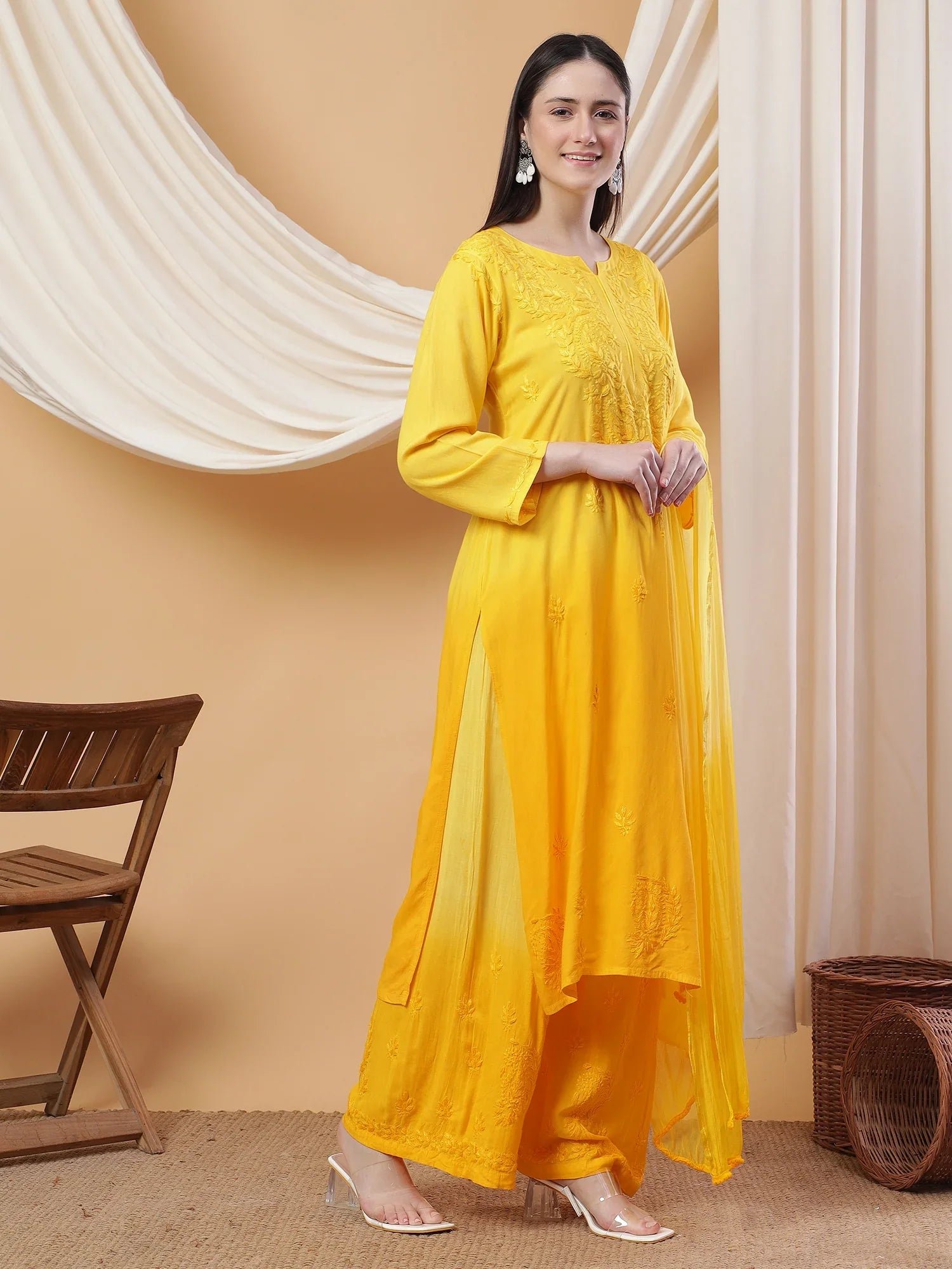 Meher Chikankari Ombre Rayon Co-ord Set (Yellow) - Image 3