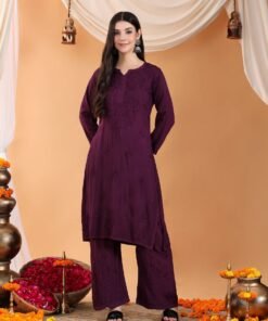 Maryam Chikankari Rayon Co-ord Set (Wine)