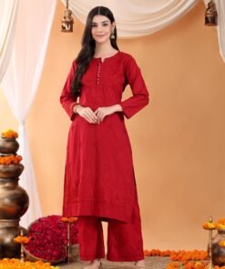 Priya Chikankari Kurta Palazzo Cotton Co-ord Set (Maroon) - Image 3