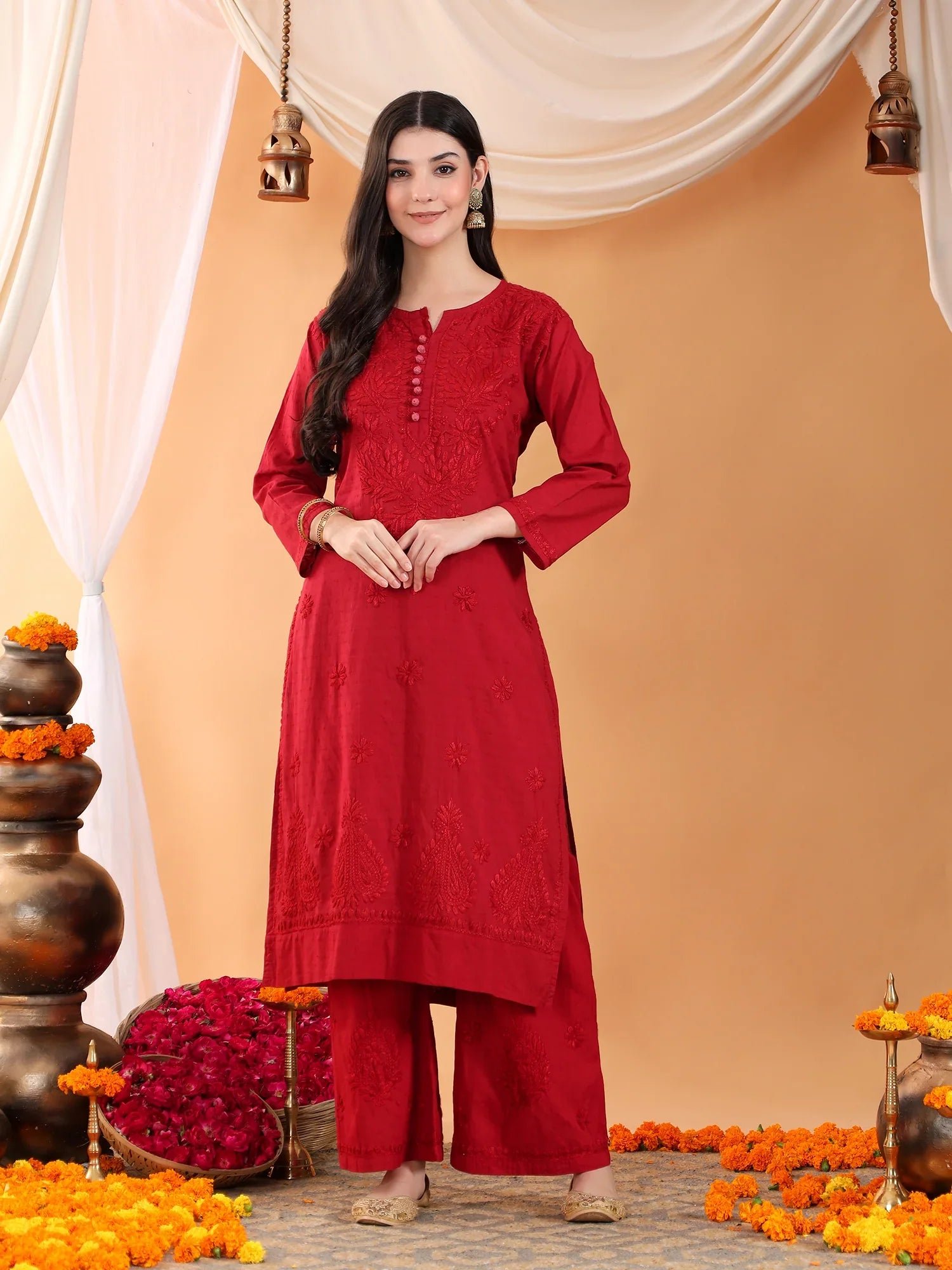 Priya Chikankari Kurta Palazzo Cotton Co-ord Set (Maroon) - Image 3