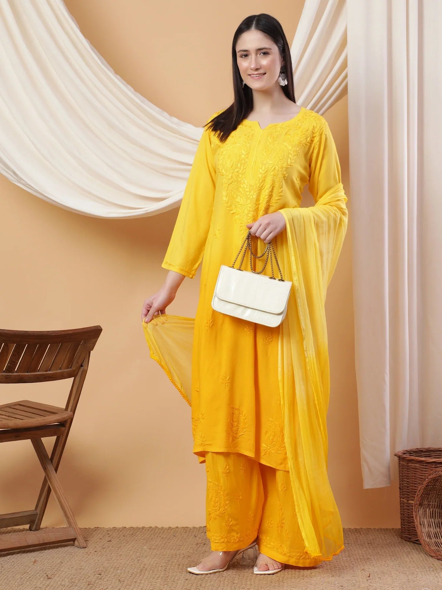 Meher Chikankari Ombre Rayon Co-ord Set (Yellow) - Image 4