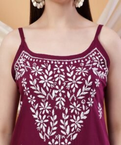 Alternative view of Raha Chikankari Strappy Rayon Co-ord Set (Wine)