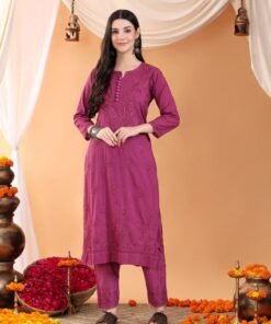 Ananya Chikankari Kurta Pant Cotton Co-ord Set (Wine) - Image 3
