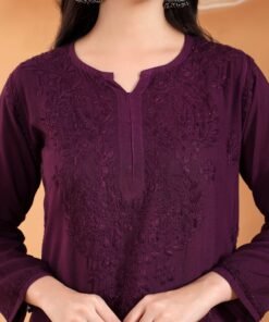 Alternative view of Maryam Chikankari Rayon Co-ord Set (Wine)