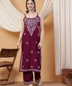 Raha Chikankari Strappy Rayon Co-ord Set (Wine) - Image 3