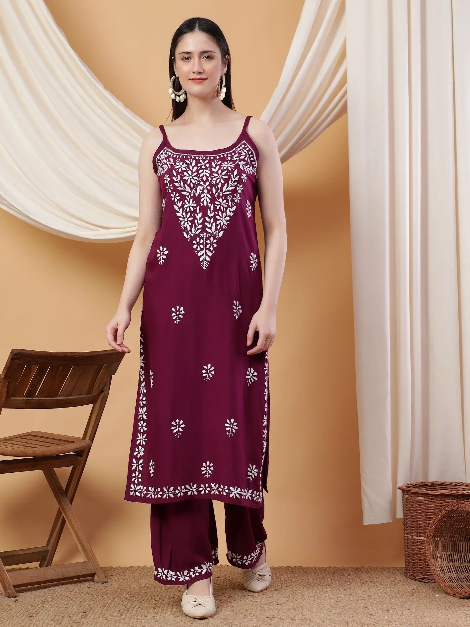 Raha Chikankari Strappy Rayon Co-ord Set (Wine) - Image 3
