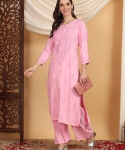 Faiza Chikankari Rayon Co-ord Set (Baby Pink) - Image 4