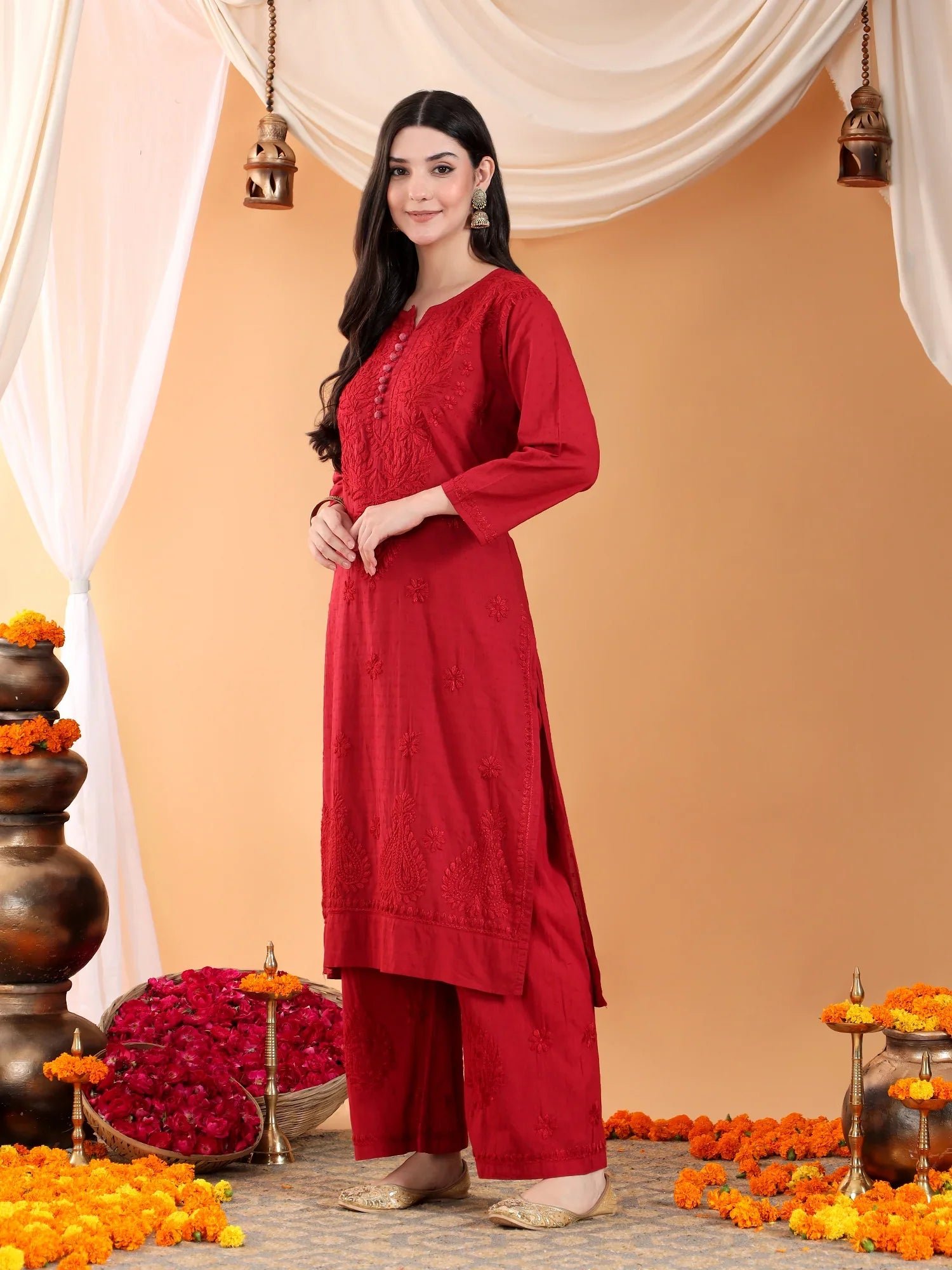 Priya Chikankari Kurta Palazzo Cotton Co-ord Set (Maroon) - Image 4