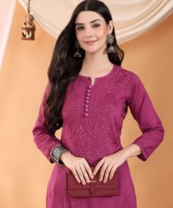 Ananya Chikankari Kurta Pant Cotton Co-ord Set (Wine) - Image 4