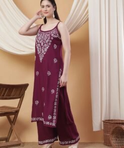 Raha Chikankari Strappy Rayon Co-ord Set (Wine) - Image 4
