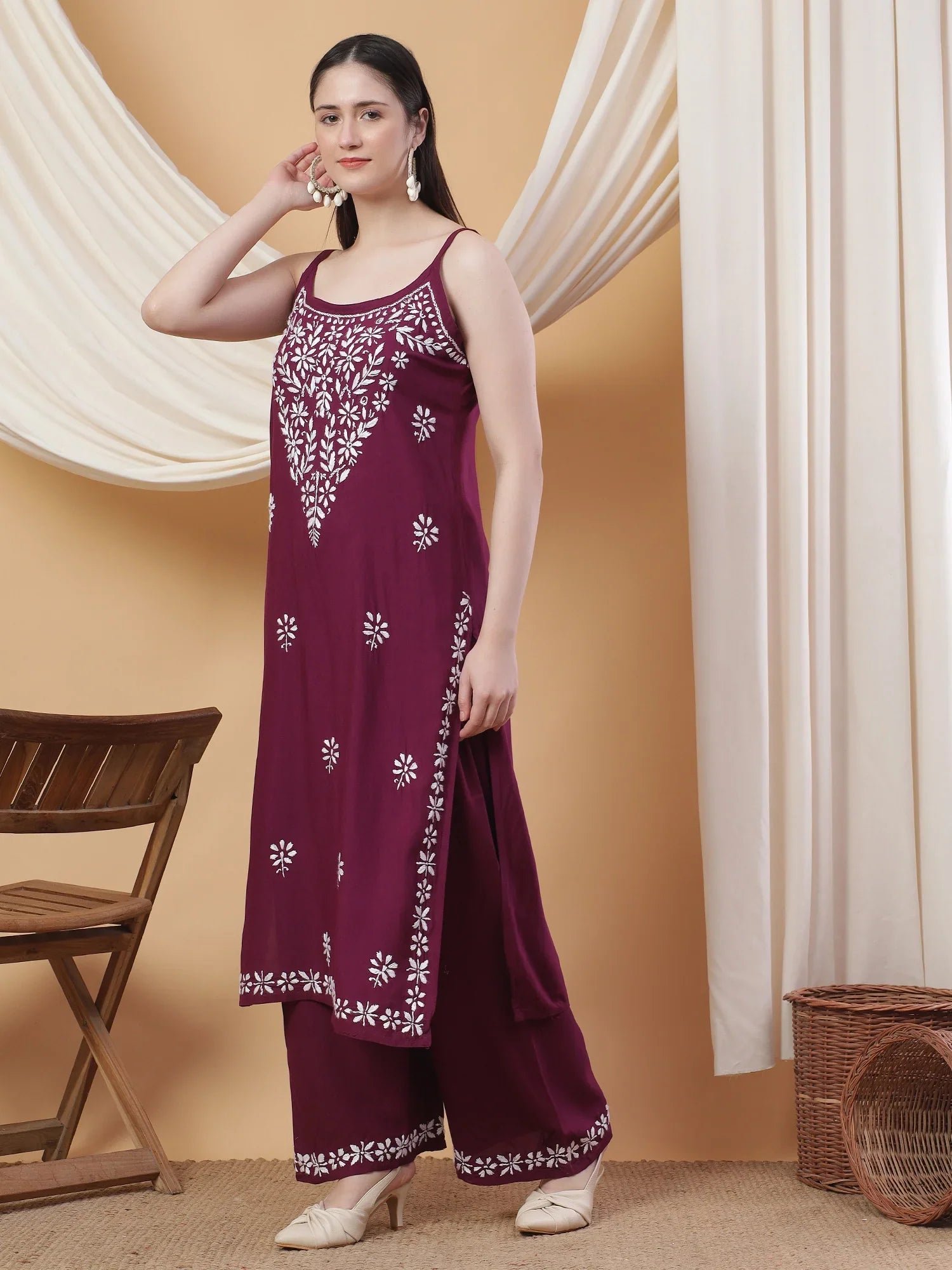Raha Chikankari Strappy Rayon Co-ord Set (Wine) - Image 4