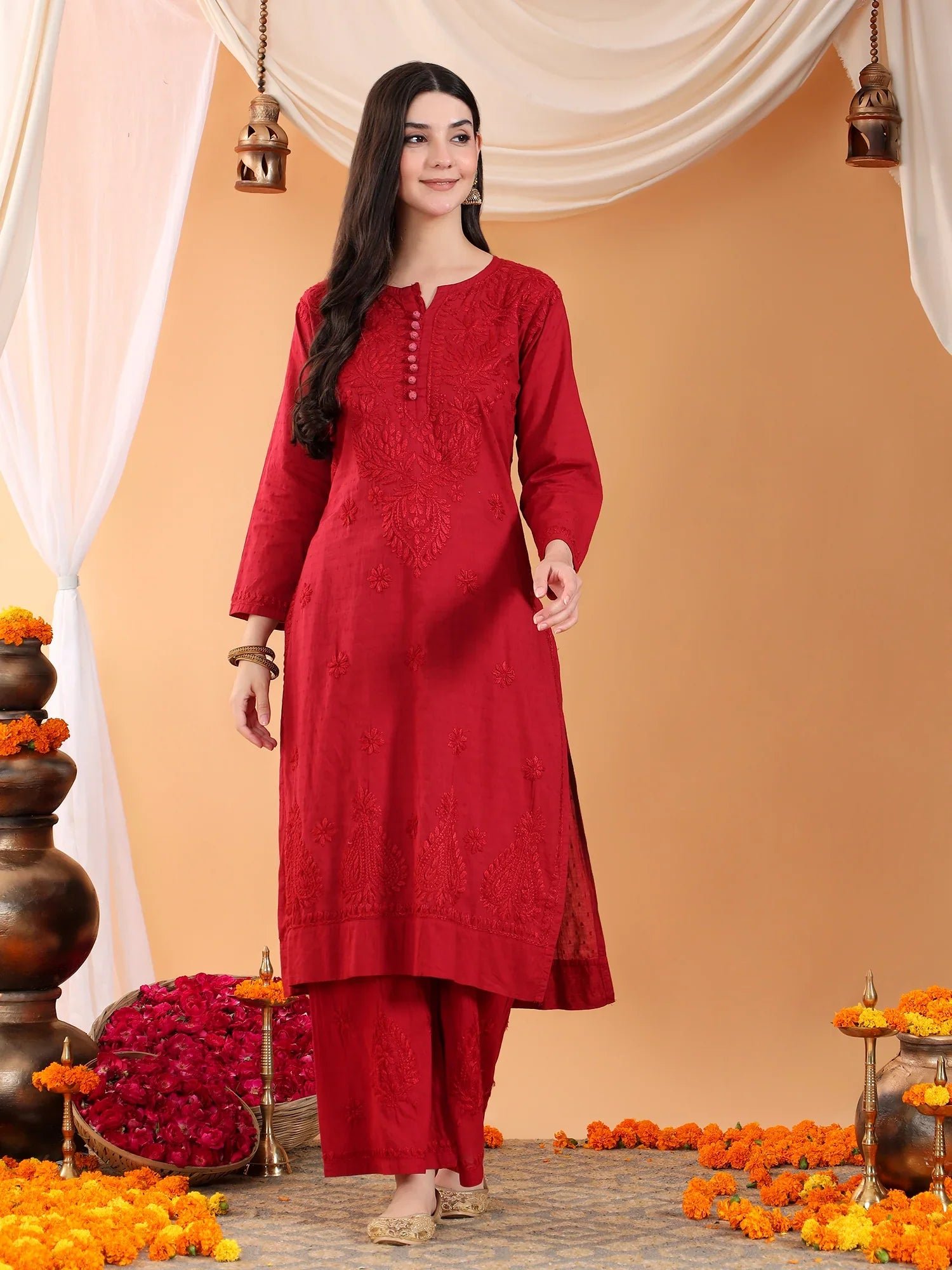 Priya Chikankari Kurta Palazzo Cotton Co-ord Set (Maroon) - Image 5