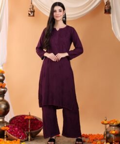 Maryam Chikankari Rayon Co-ord Set (Wine) - Image 3