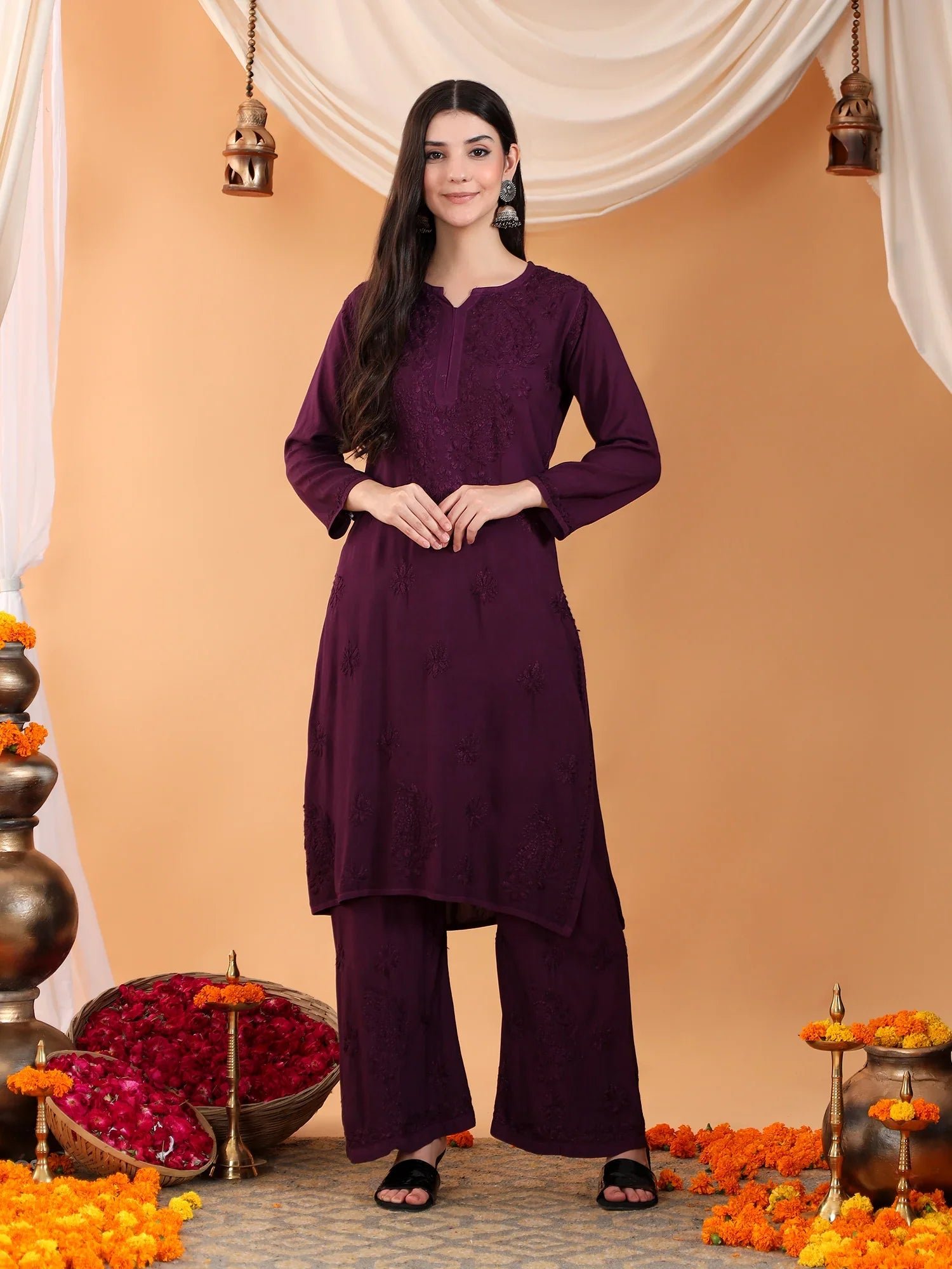 Maryam Chikankari Rayon Co-ord Set (Wine) - Image 3